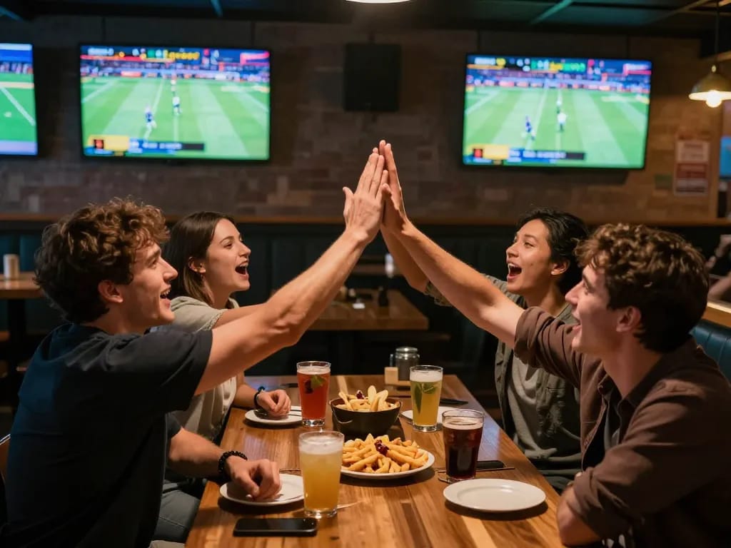 Alo8 moment of friends celebrating sports bets during an exciting game night