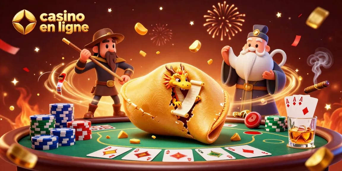 Profitez d'un casino en ligne avec un dragon sage et des guerriers en train de jouer aux cartes.