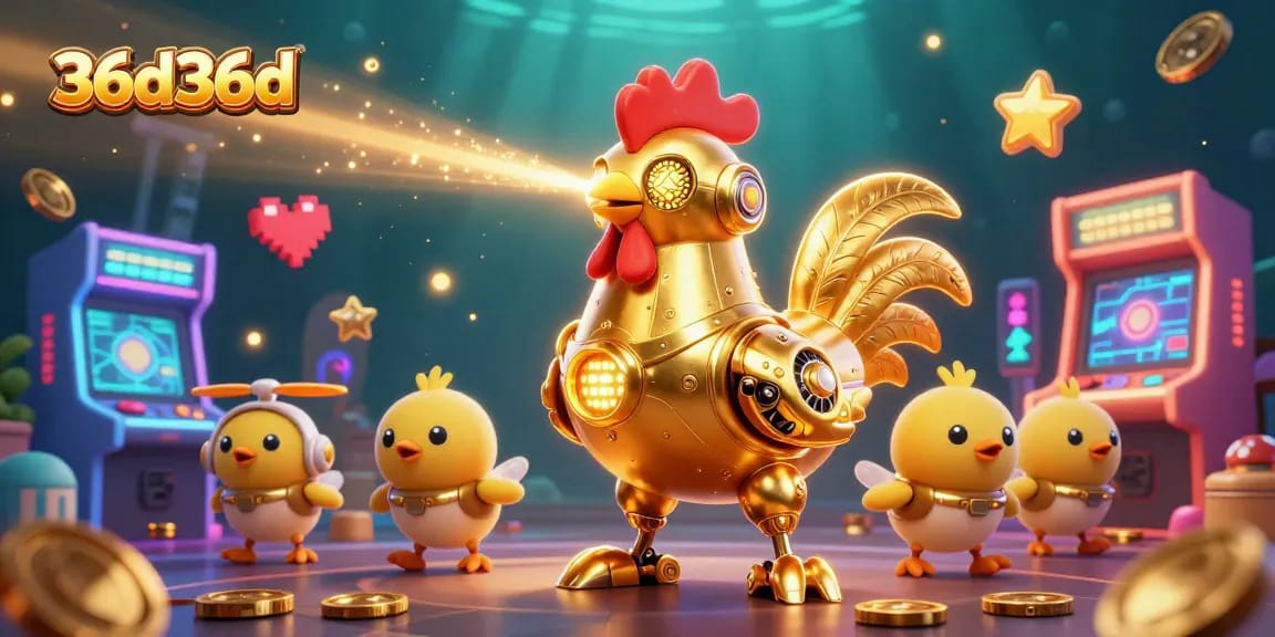 O jogo no 36d36d mostra o robô galo dourado em ação com animais robóticos, entre máquinas de arcade brilhantes.