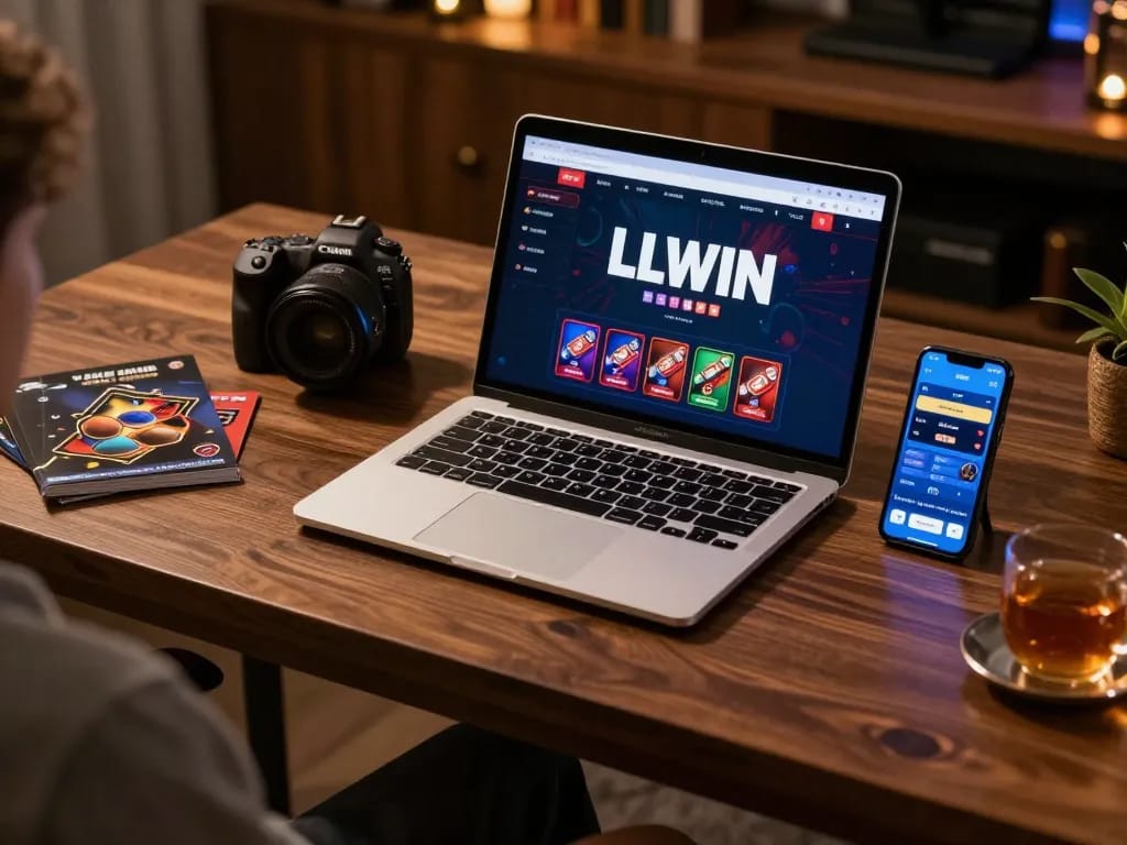 Engaging user immersed in LLWIN online casino experience at home, showcasing strategy tools and devices.