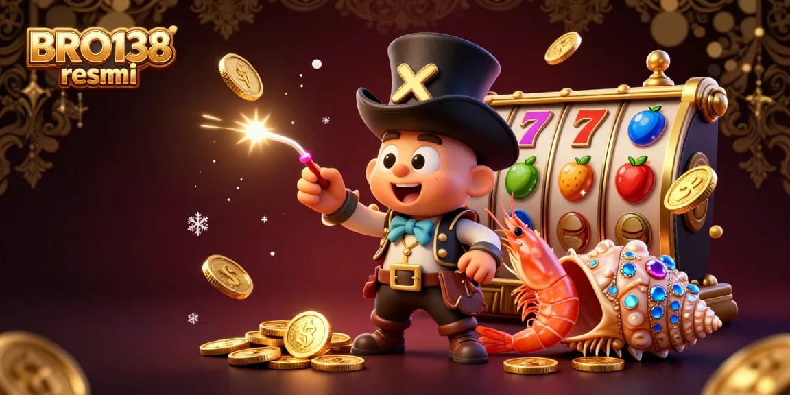 BRO138 resmi showcases a vibrant casino-themed scene featuring a glowing anglerfish, pirate shrimp, and gem-shell snail.