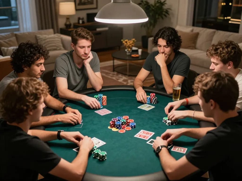 Engaging poker game scene showcasing friends strategizing around the table with nk88 link featured prominently in chips.