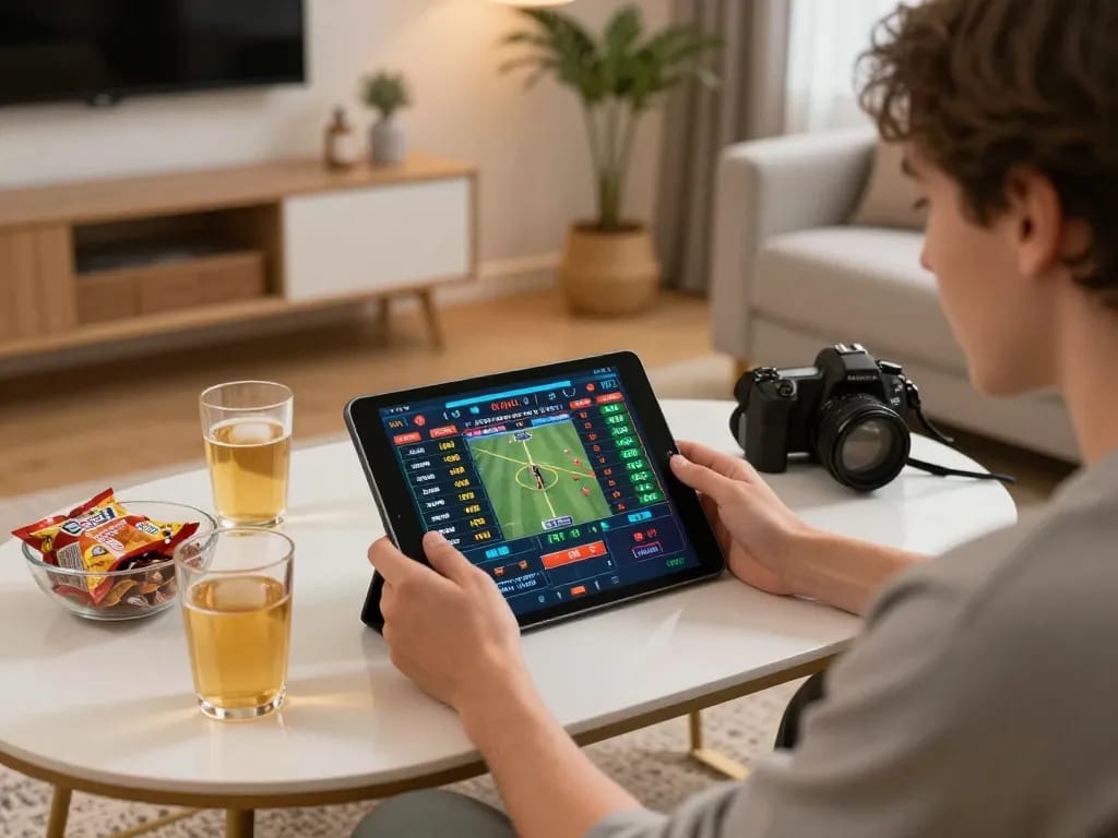 O8 user strategizing bets with mobile device in a cozy setting, capturing the essence of online gambling.