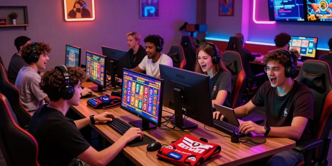 Players enjoying slot dana games in a colorful gaming lounge.