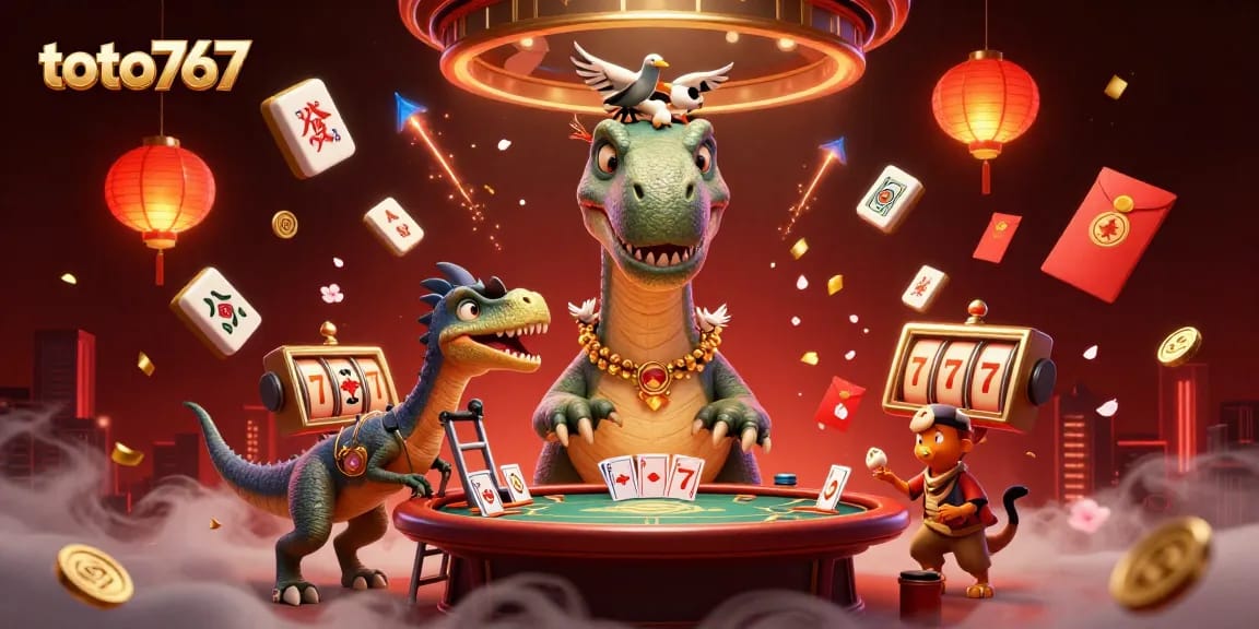 Toto767 menghadirkan keseruan permainan dengan dinosaurus dan karakter dealer di kasino virtual.