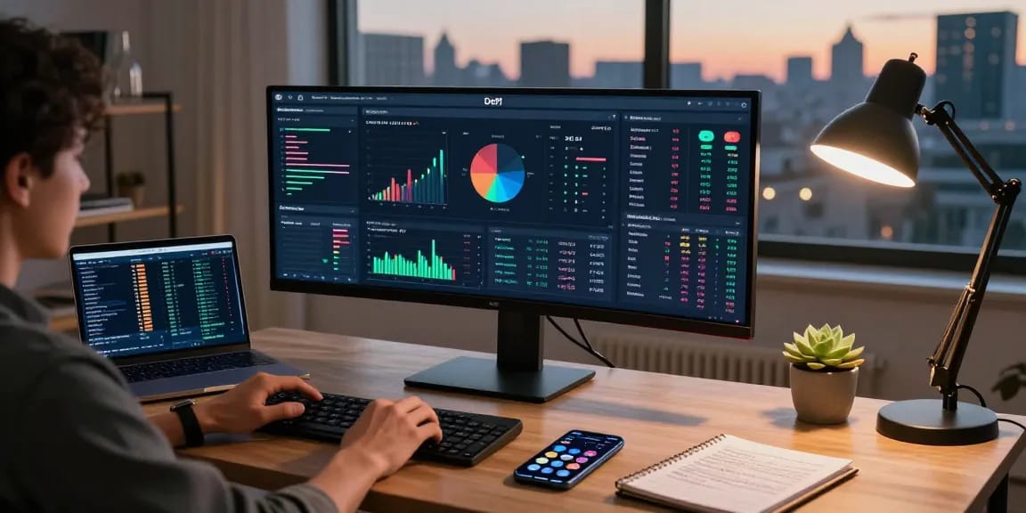 Cloud mining with daily payouts displayed on a DeFi platform while a trader analyzes cryptocurrency prices in a modern workspace.