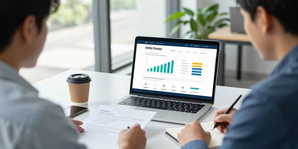 Business professional engaging in the process for migrating a business electricity account when moving to a new premise in a modern office setting.