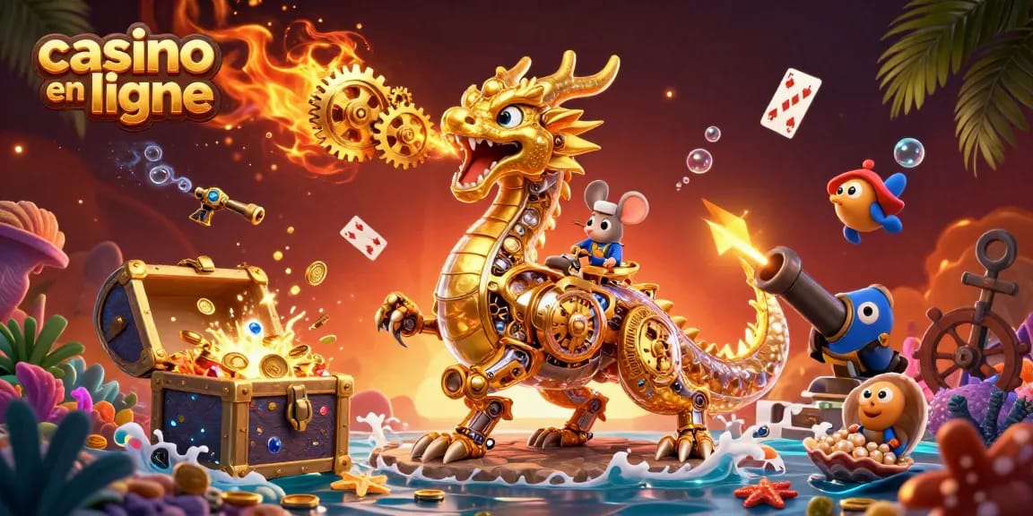 Profitez de jeux captivants dans un casino en ligne avec un dragon mécanique et trésors sous-marins.