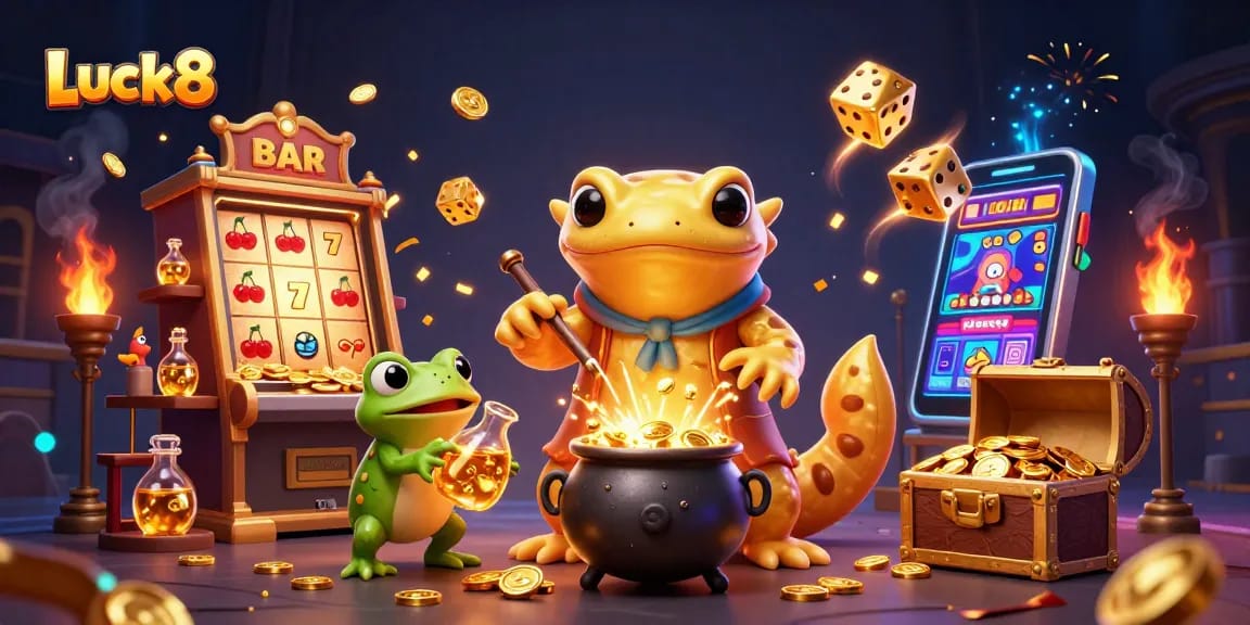 Experience thrilling gaming at Luck8 with vibrant 3D visuals of slot machines and prizes.