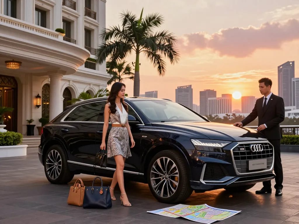 Trải nghiệm cho thuê xe ô tô hạng sang với cho thuê xe ô tô hạng sang trong những không gian sang trọng, thể hiện một chiếc Audi Q8 và những người du lịch thanh lịch.
