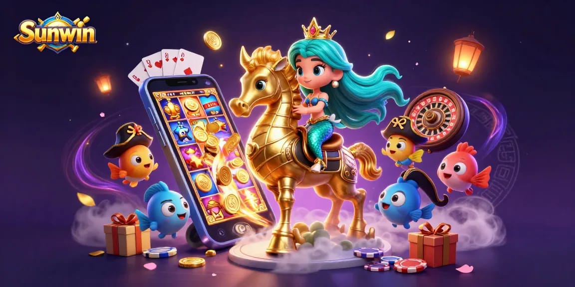Engage in thrilling gameplay with Sunwin: Immerse in the vibrant casino atmosphere featuring a mermaid, seahorse, and exciting game elements.