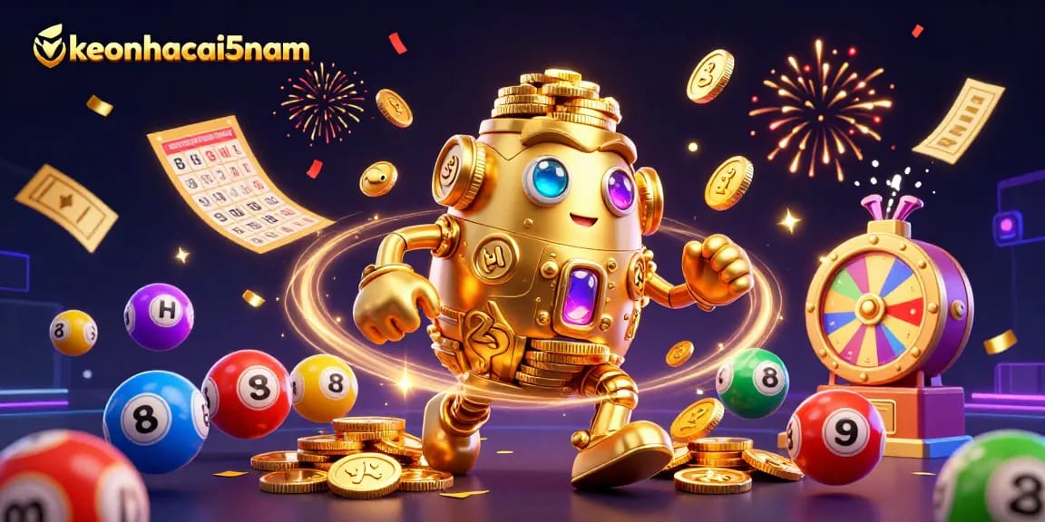 Engage with keonhacai5nam through an energetic 3D illustration showcasing vibrant casino elements and golden characters.