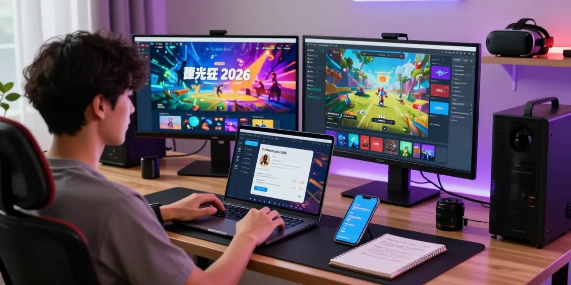 Pengguna bersantai di meja, menjelajahi Martabak188 dengan laptop dan perangkat game, menciptakan pengalaman bermain yang nyaman.