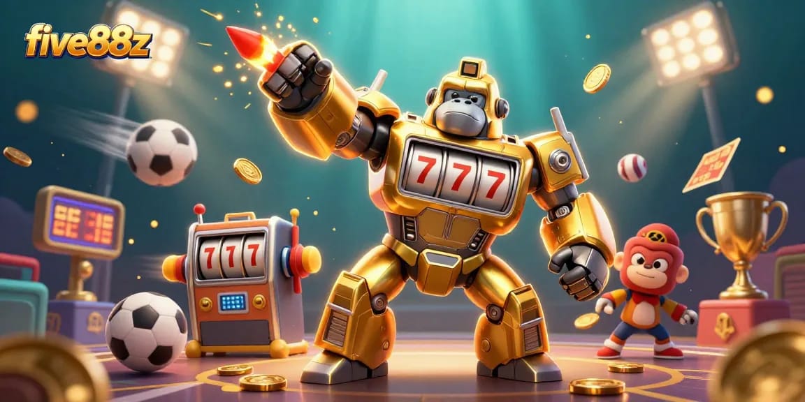 Engage with five88z's exciting gaming universe featuring a dynamic golden gorilla mech in an immersive 3D scene.