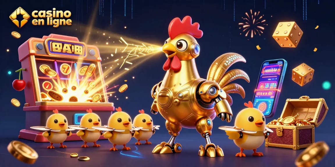 Jouez au casino en ligne avec un robot coq doré et des drones en arrière-plan, explosion de pièces et lumière vive.