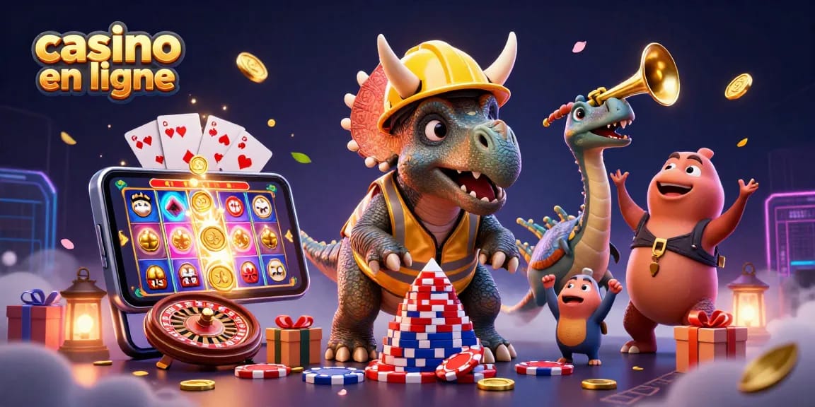 Casino en ligne : un triceratops construit des jetons de poker au milieu de célébrations dynamiques.