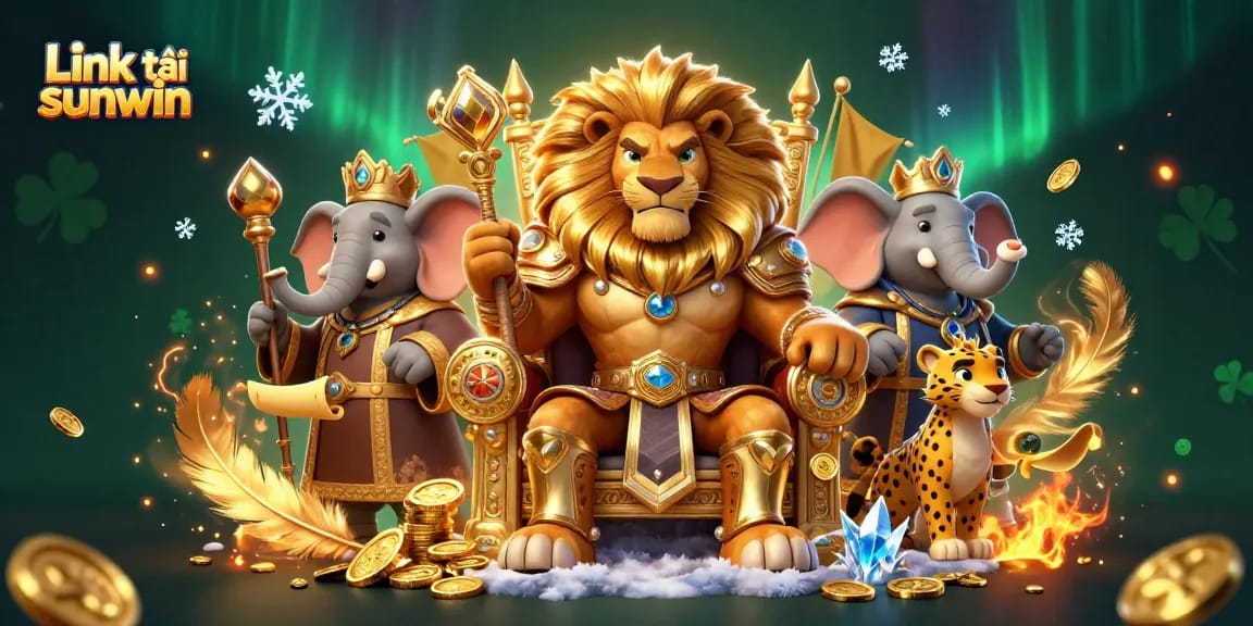Spin to win with Link tải sunwin in a vibrant, dynamic casino scene featuring a lion king and his advisors.