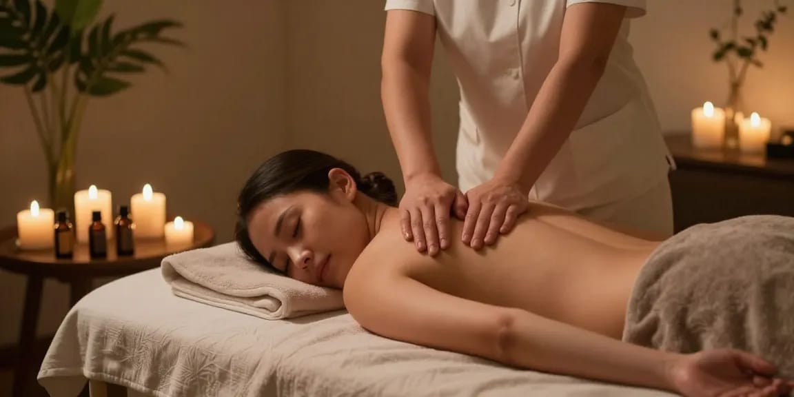 불당동마사지 스웨디시 마사지를 받는 고객과 마사지 테이블, 향기로운 오일과 촛불로 편안한 분위기 연출.