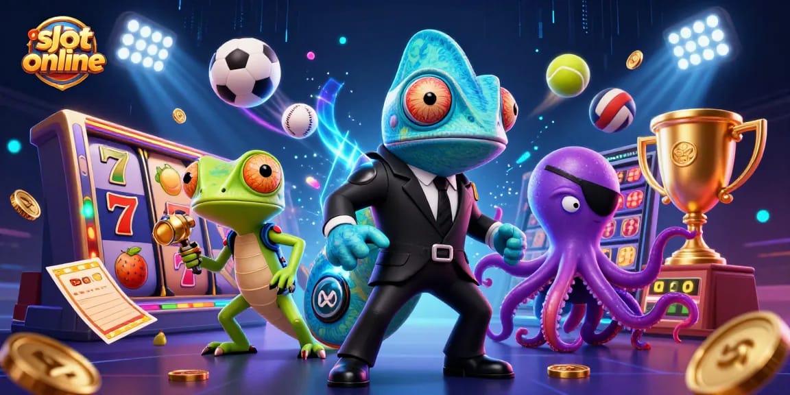 Slot online menampilkan chameleon agen rahasia 3D dan simbol slot, memberi pengalaman bermain taruhan yang memikat.