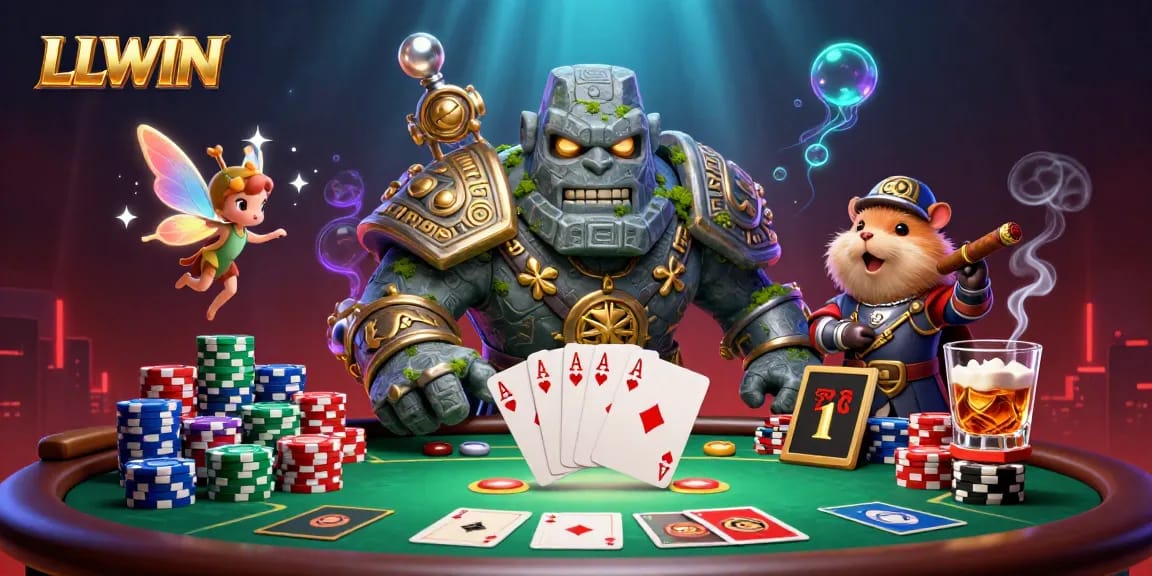 Engage in exciting gameplay at LLWIN, featuring a dynamic casino scene with poker elements and vibrant characters.