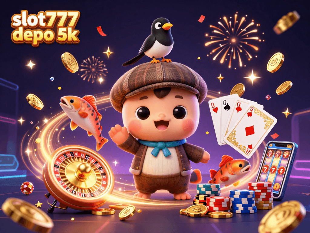 Engage with slot777 depo 5k illustrated by the playful Nessie amid vibrant casino elements.