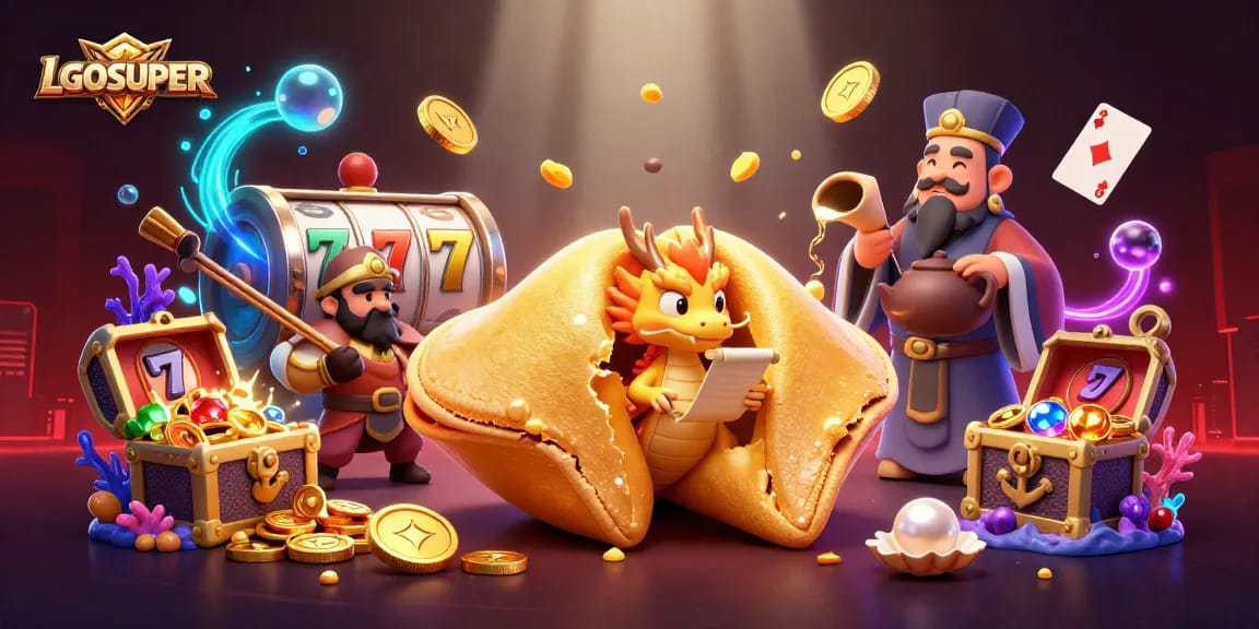 Experience thrilling slots at LGOSUPER, showcased in a vibrant 3D casino illustration.