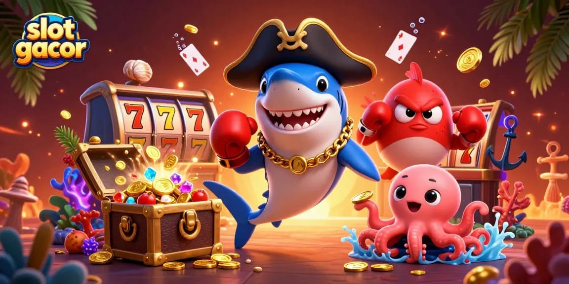 Engage in slot gacor adventures with a shark captain, pufferfish sidekick, and octopus holding coins.