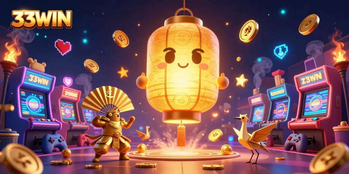 Experience the vibrant casino atmosphere of 33WIN with our glowing lantern spirit and arcade elements.