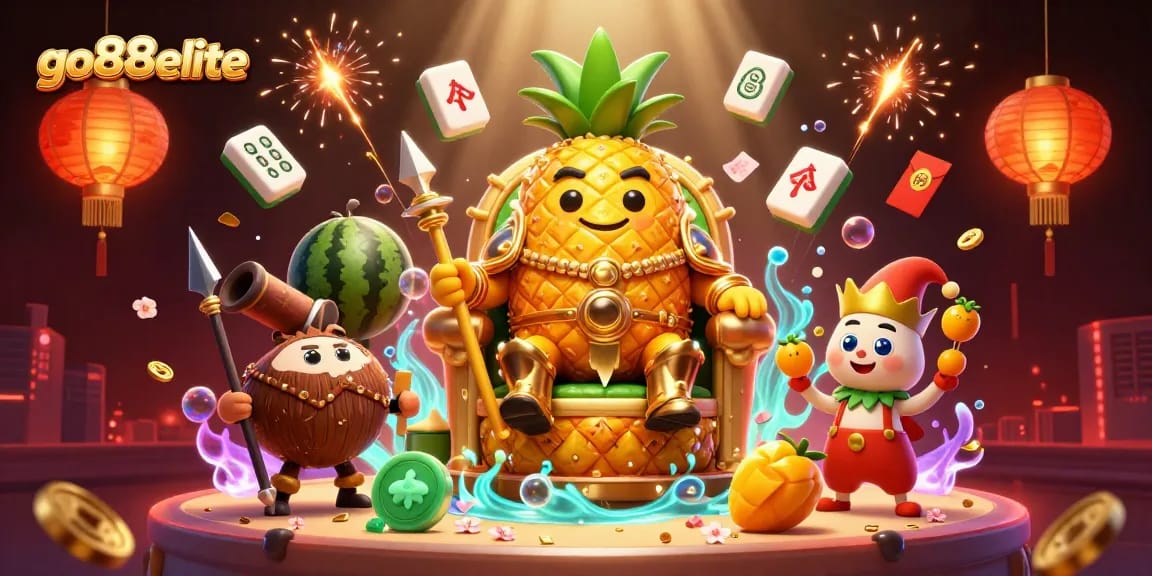 Experience thrilling action at go88elite in this vibrant casino scene featuring a golden pineapple king and engaging elements.