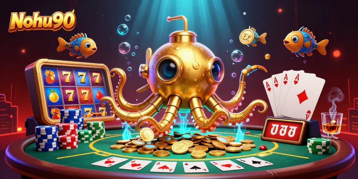 Nohu90 brings excitement with golden kraken submarine and vibrant slot reels, enhancing the online gaming experience.