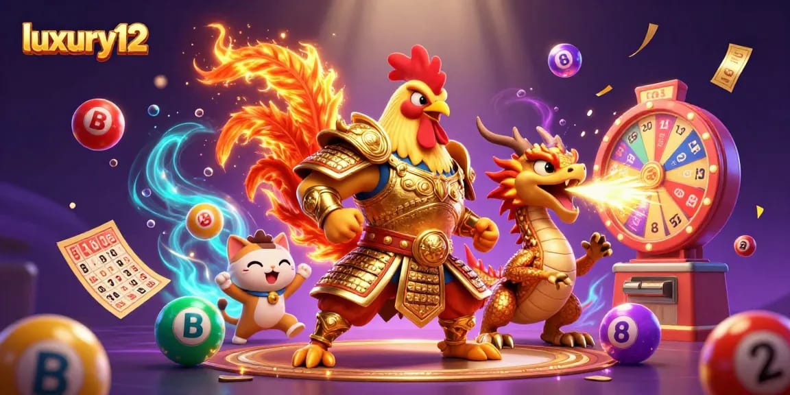 Engage with luxury12 in an exciting casino scene featuring vibrant elements like lottery balls and golden sparks.