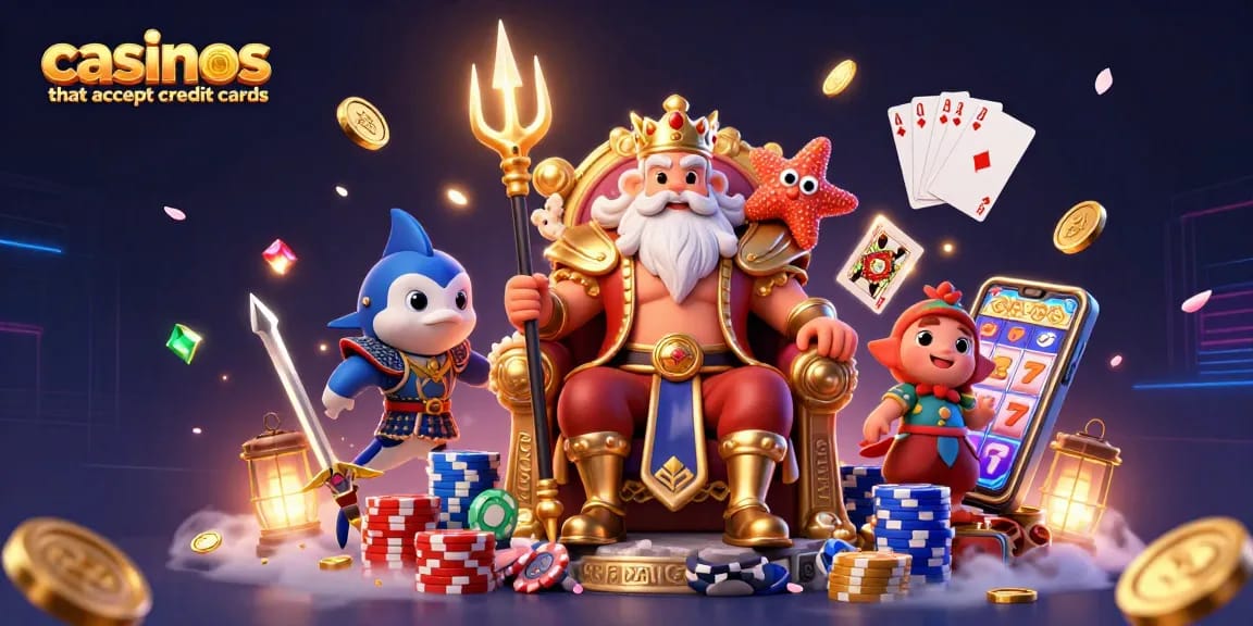 Discover casinos that accept credit cards with vibrant games and dynamic elements in a colorful casino scene.