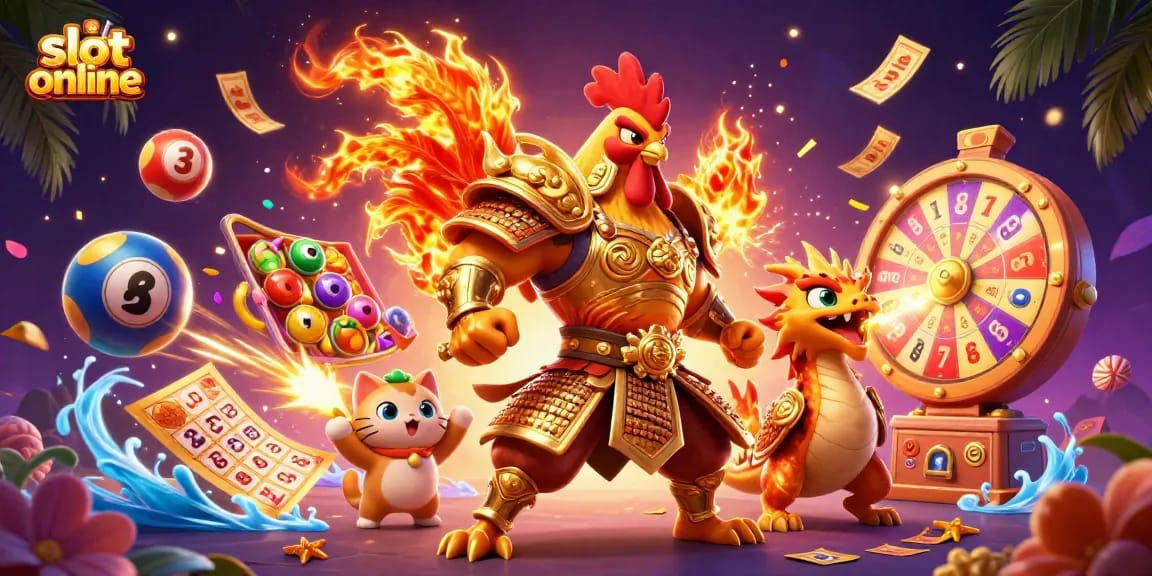 Slot online yang mengasyikkan dengan karakter ayam petarung dan naga untuk pemain kasino.