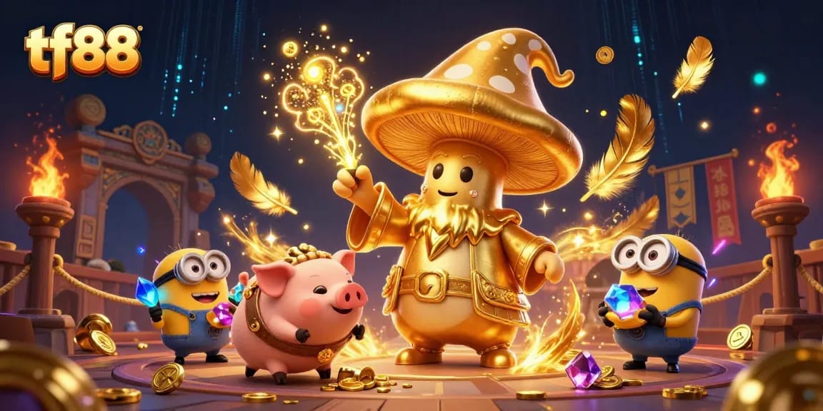 tf88 players explore a magical world with a golden wizard and treasure-filled creatures.