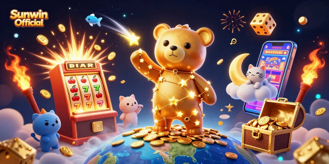 Experience exciting gameplay with Sunwin Official as a constellation bear scoops coins amidst a vibrant casino scene.