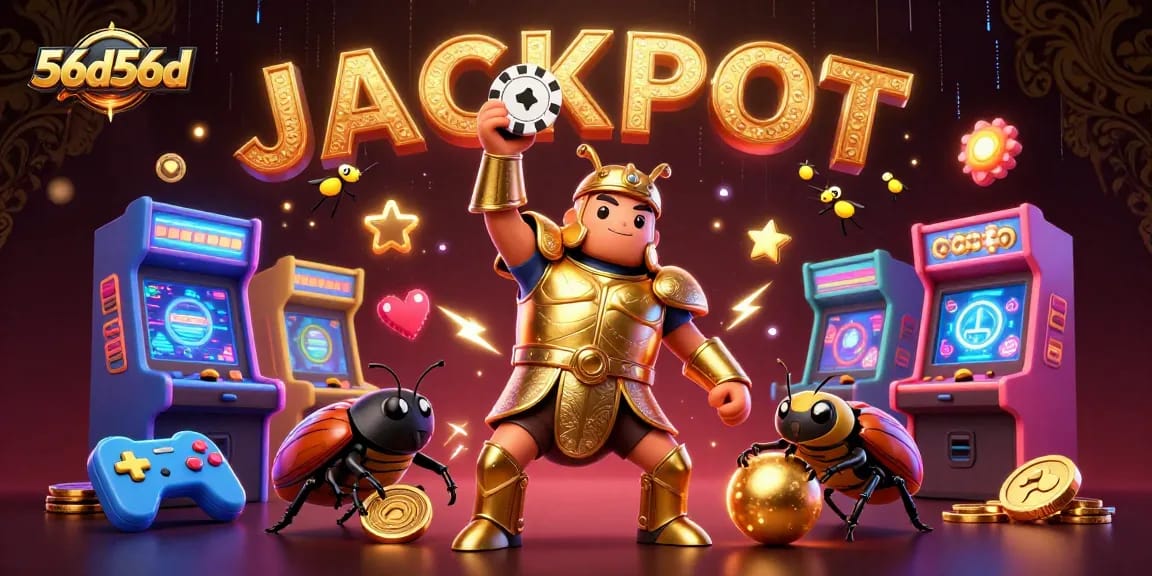 Experience the thrill of 56d56d as a hercules beetle lifts a poker chip amid vibrant casino elements.