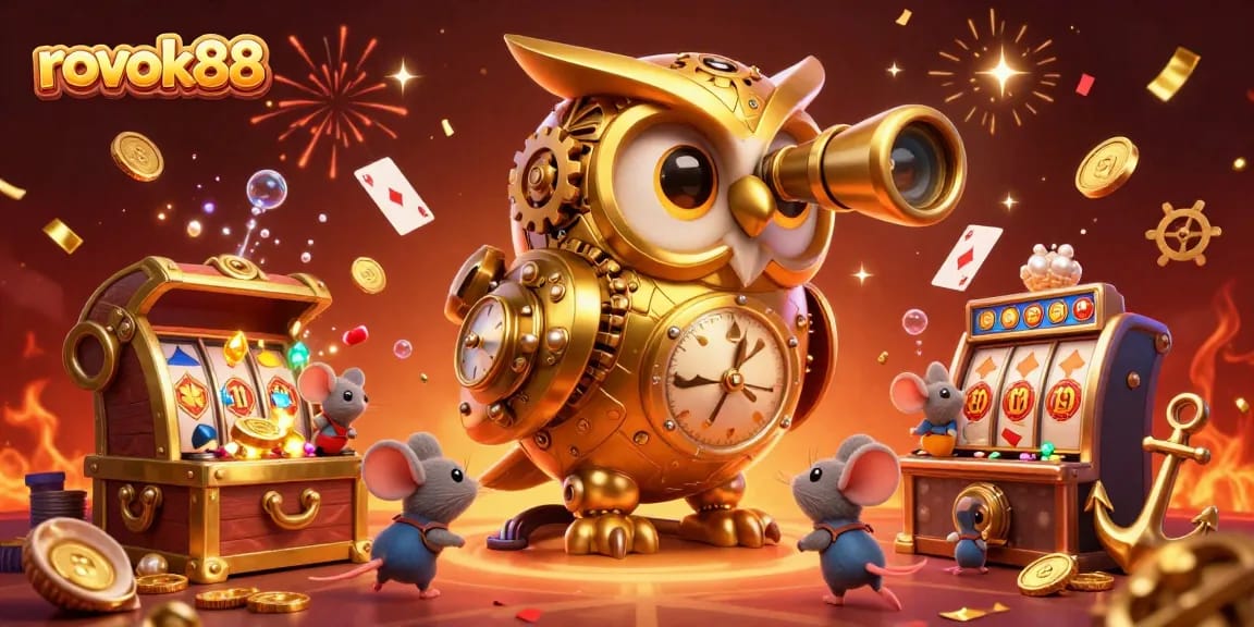 Engage in thrilling gameplay with rokok88 featuring a golden owl clockwork and dynamic casino floor scene.