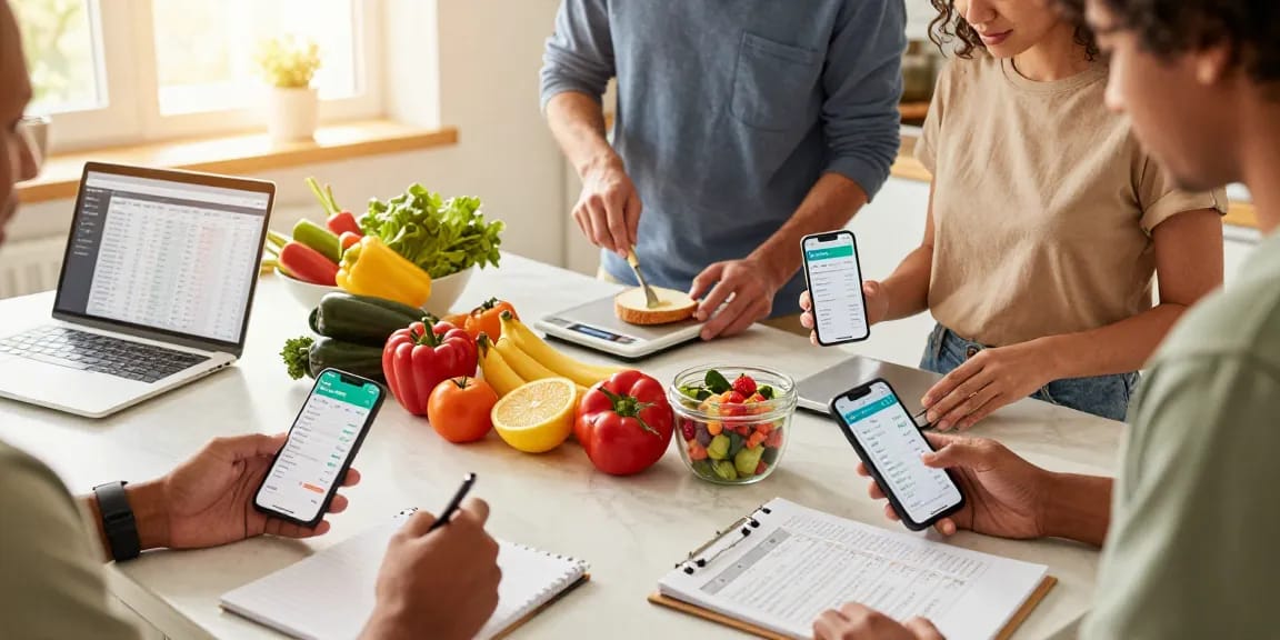 A community cooking scene featuring the best macro tracker apps for healthy meal prep in a bright kitchen.