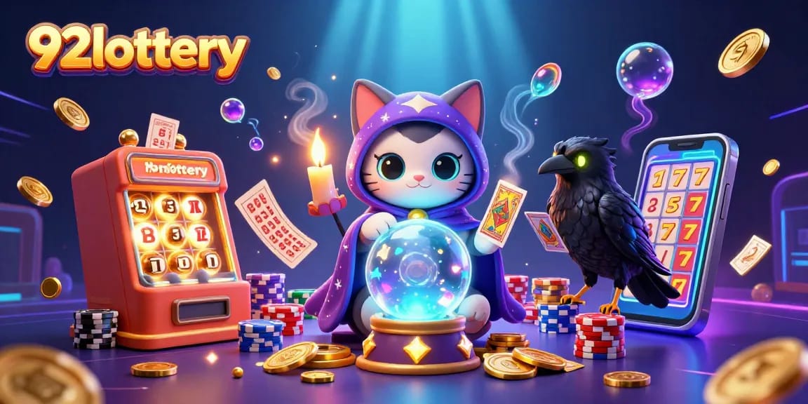 92lottery showcases vibrant 3D illustration featuring mystical and carnival elements for lottery enthusiasts.