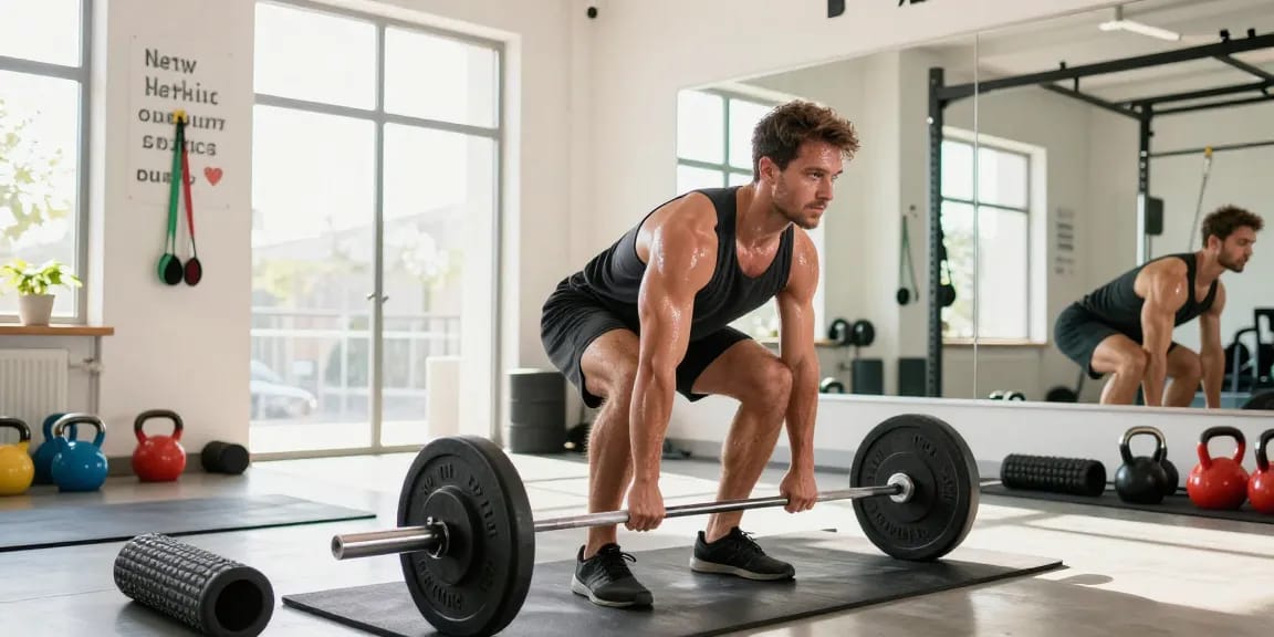Beligas Shop workout scene featuring a focused athlete performing a deadlift in a bright gym.