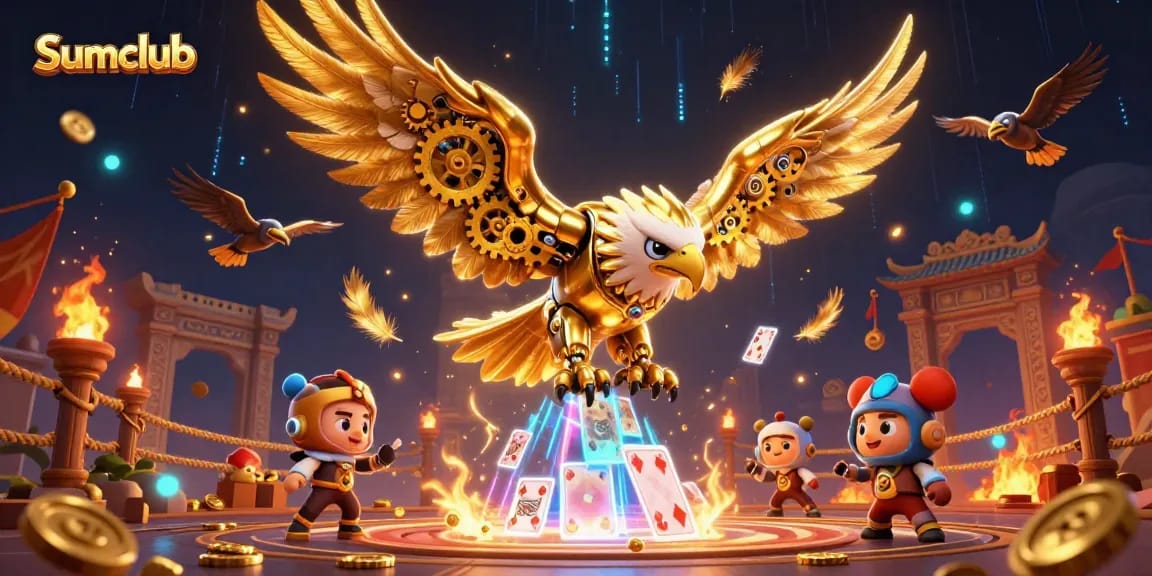 Experience thrilling gameplay at Sumclub featuring a golden eagle diving through holographic cards in a vibrant casino setting.