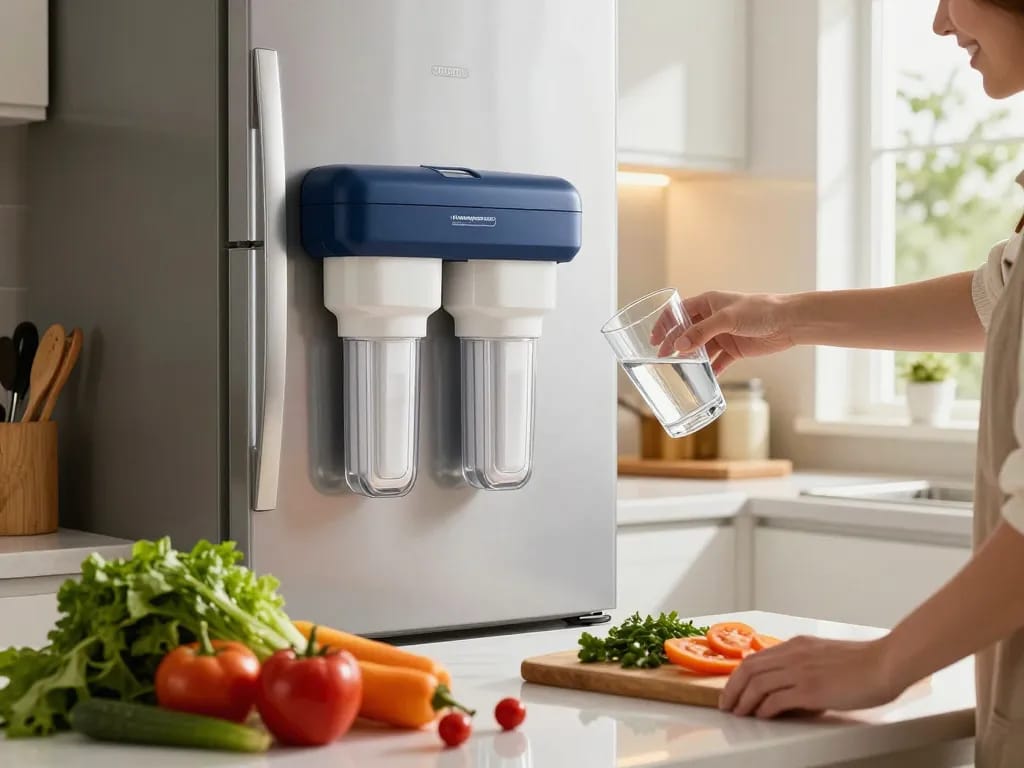 Waterspecialist DA29-00003G Refrigerator Water Filter providing clean drinking water in a modern kitchen.