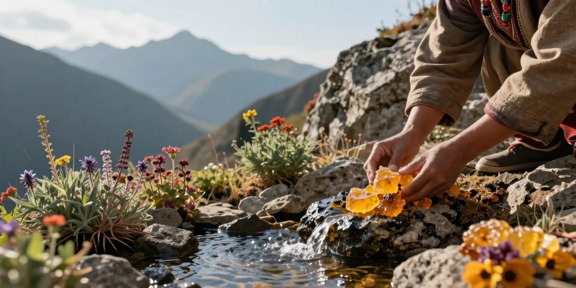 Pure Himalayan shilajit resin being harvested amidst serene Himalayan mountains, highlighting organic wellness.