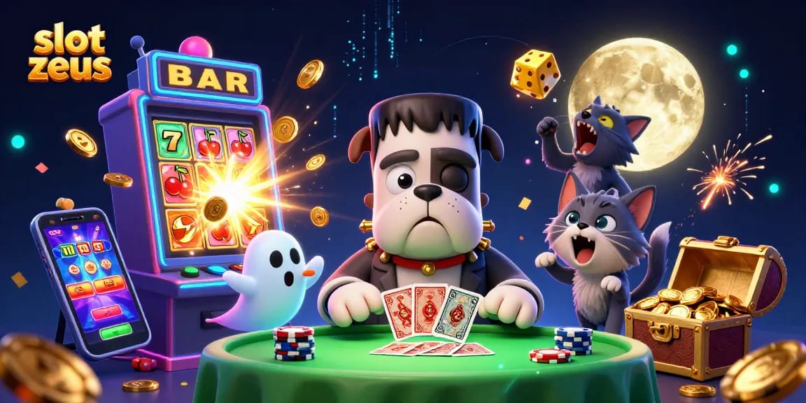 Spin to win on slot zeus with a lively cartoon scene of a bulldog dealer and dynamic casino elements.