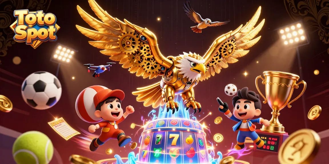 Toto Slot menghadirkan pengalaman bermain yang menarik dengan simbol slot berkilau dan elemen olahraga.