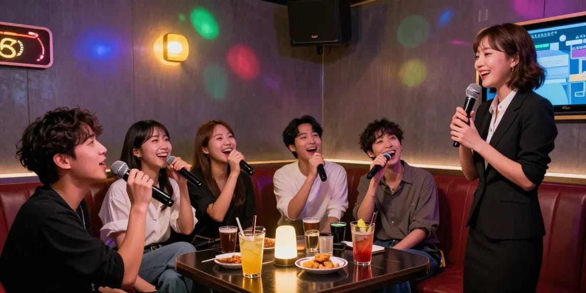 인천쓰리노에서 친구들과 즐거운 시간을 보내는 모습, 화려한 조명 속 노래방에서의 우정과 즐거움.