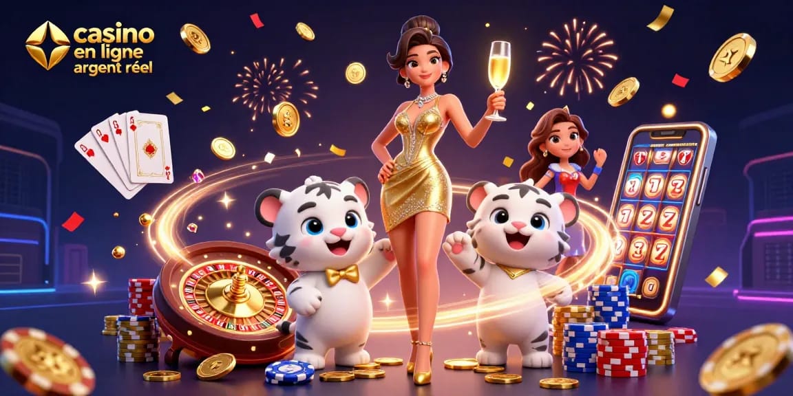 Vivez l'excitation au casino en ligne argent réel avec une scène glamour de gains.