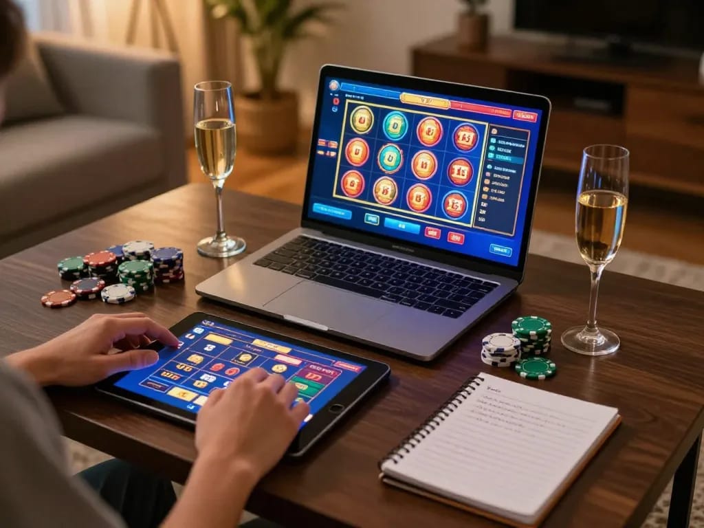 Engaged player enjoying O8 casino games online with a vibrant screen and strategic notes