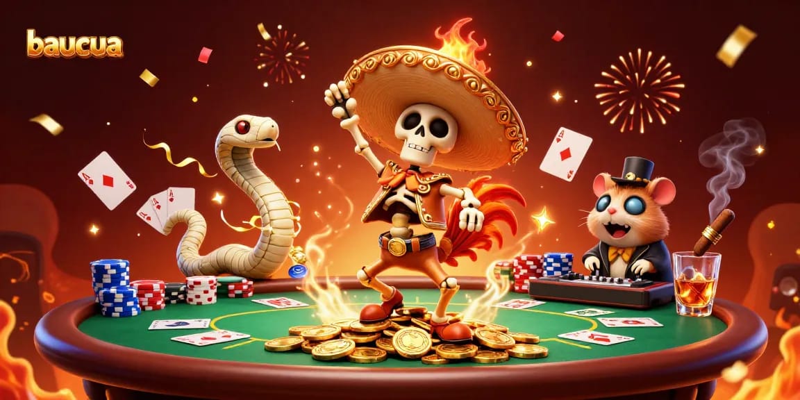 Experience the thrilling baucua game with dynamic characters celebrating bonuses and poker excitement.