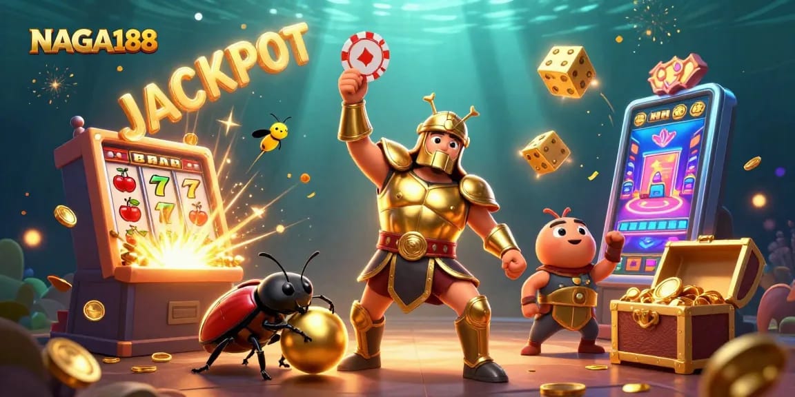 NAGA188 mengangkat chip poker di tengah jackpot koin emas, dengan suasana kasino yang meriah.